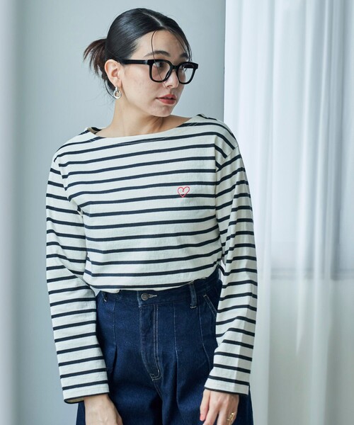 セール】ワンポイントハート刺繍 ボートネックロンT（Tシャツ