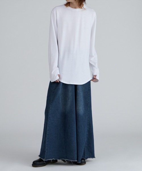 ラウンドヘム ロング丈長袖Tシャツ サムホール シンプル 無地T
