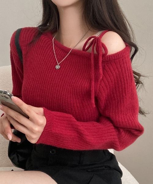 gossip!ロサンゼルス(ゴシップロサンゼルス)の「Y2K アンバランスオフショルダーリボンストラップリブニット(ニット/セーター・レディース・ブラック/アイボリー/ワイン・FREE)」の15枚目の写真