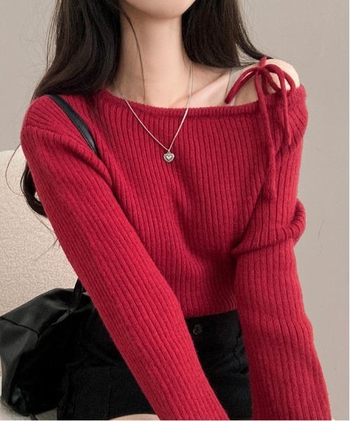 gossip!ロサンゼルス(ゴシップロサンゼルス)の「Y2K アンバランスオフショルダーリボンストラップリブニット(ニット/セーター・レディース・ブラック/アイボリー/ワイン・FREE)」の16枚目の写真