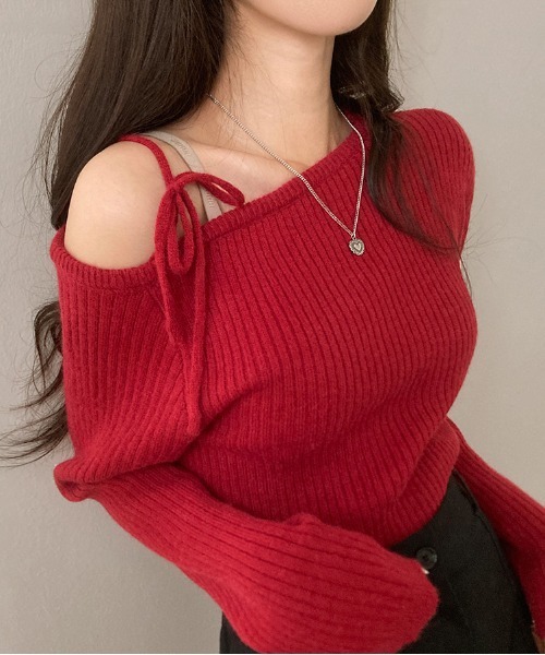 gossip!ロサンゼルス(ゴシップロサンゼルス)の「Y2K アンバランスオフショルダーリボンストラップリブニット(ニット/セーター・レディース・ブラック/アイボリー/ワイン・FREE)」の20枚目の写真