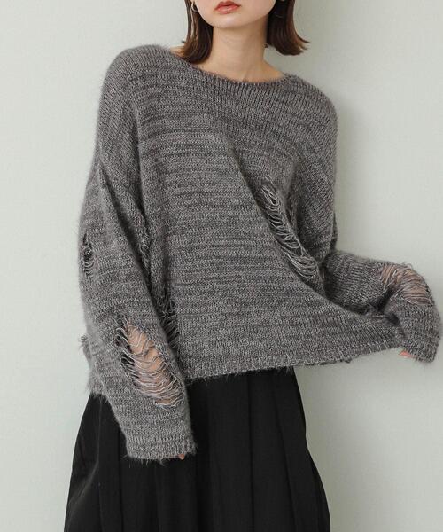 SENSE OF PLACE by URBAN RESEARCH（センスオブプレイスバイアーバンリサーチ）の「ルーズダメージセーター（ニット/セーター・レディース・ネイビー/イエロー/グレー・ONE）」の2枚目の写真