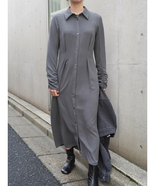 「CAROLINA HERRERA」シルクガザール ミディ丈シャツワンピース セール】ギャザースリーブロングシャツワンピース(シャツ