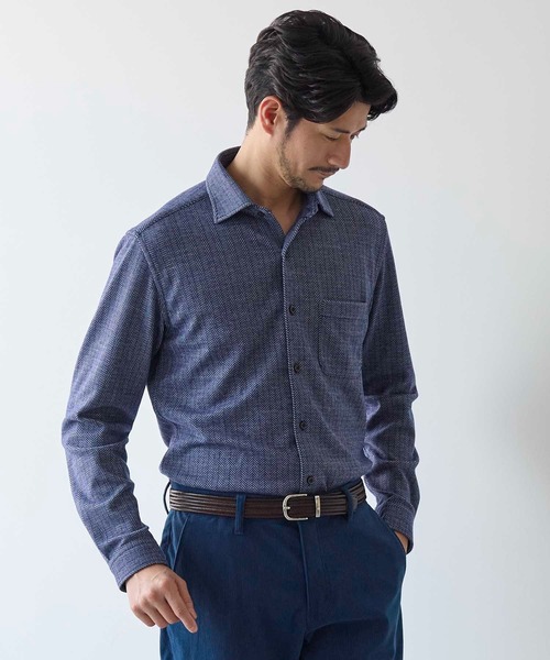 UNION STATION(ユニオンステーション)の「ヘリンボン柄ホリゾンタルカラージャージシャツ(シャツ/ブラウス・メンズ・ホワイト/ラベンダー/ブルー・M/S/L/LL)」の4枚目の写真