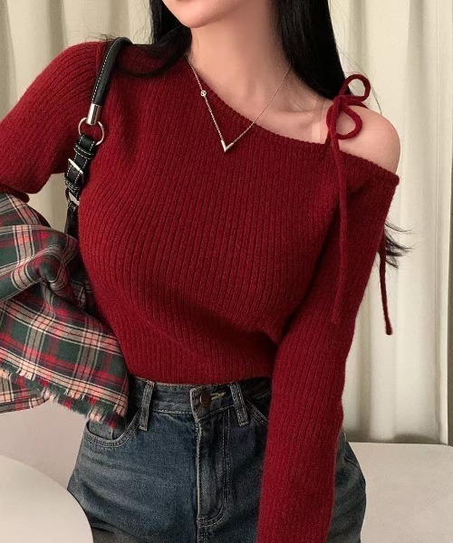 セール】オフショル リボンデザイン リブトップス ニット（ニット