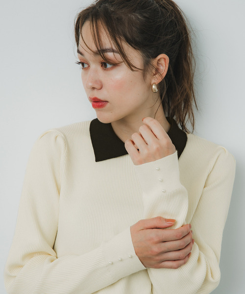 coca(coca)(コカ)の「配色ニットポロシャツ(ニット/セーター・レディース・グレー/アイボリー・S/L/M)」の6枚目の写真