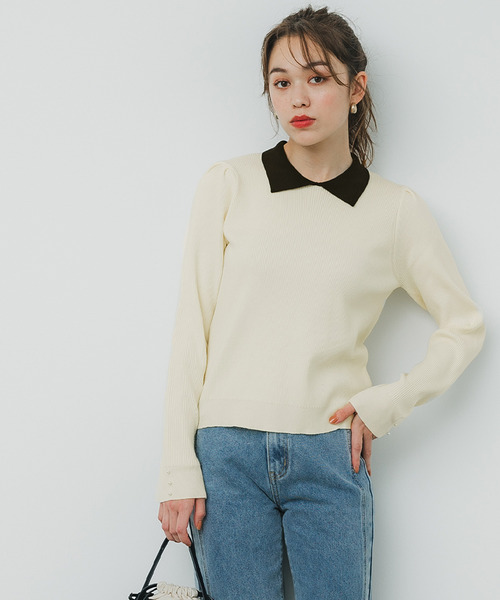 coca(coca)(コカ)の「配色ニットポロシャツ(ニット/セーター・レディース・グレー/アイボリー・S/L/M)」の7枚目の写真