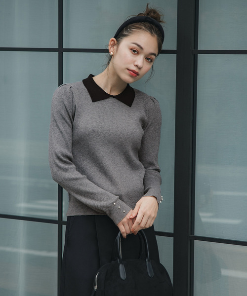 coca(coca)(コカ)の「配色ニットポロシャツ(ニット/セーター・レディース・グレー/アイボリー・S/L/M)」の13枚目の写真
