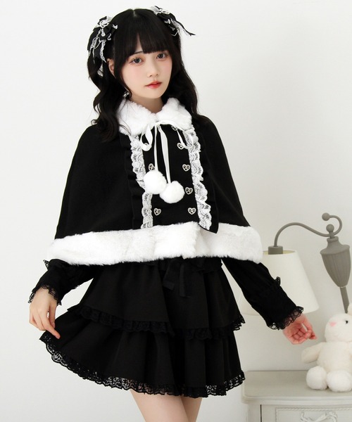 ファーポンポンハートビジューリボンケープコート（その他アウター