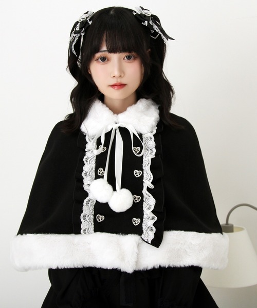 ファーポンポンハートビジューリボンケープコート（その他アウター