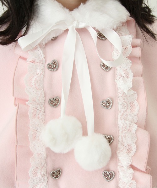 ファーポンポンハートビジューリボンケープコート（その他アウター