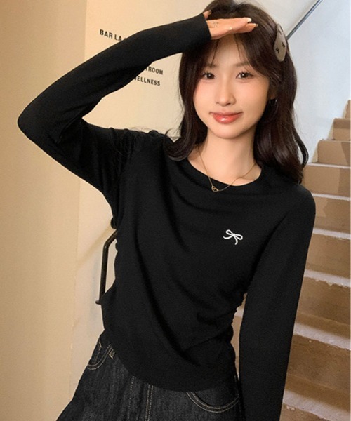 kirakiraShop(キラキラショップ)の「リボン 刺繍 ラウンドネック トップス(Tシャツ/カットソー・レディース・ホワイト/杢グレー/イエロー系/ブラック・FREE)」の8枚目の写真