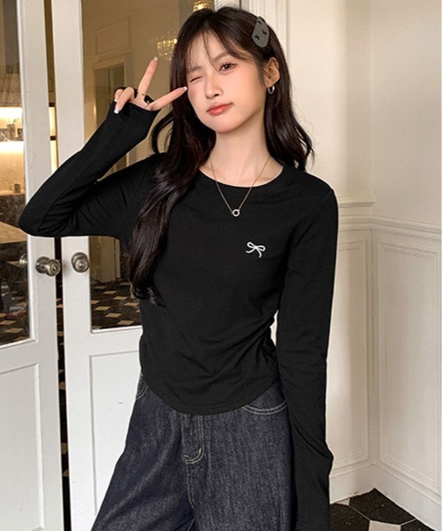 kirakiraShop(キラキラショップ)の「リボン 刺繍 ラウンドネック トップス(Tシャツ/カットソー・レディース・ホワイト/杢グレー/イエロー系/ブラック・FREE)」の9枚目の写真