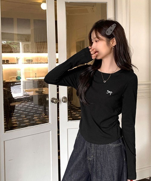 kirakiraShop(キラキラショップ)の「リボン 刺繍 ラウンドネック トップス(Tシャツ/カットソー・レディース・ホワイト/杢グレー/イエロー系/ブラック・FREE)」の10枚目の写真