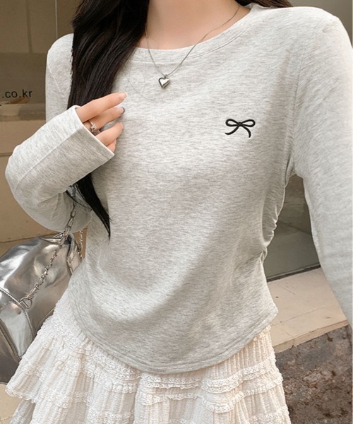 kirakiraShop(キラキラショップ)の「リボン 刺繍 ラウンドネック トップス(Tシャツ/カットソー・レディース・ホワイト/杢グレー/イエロー系/ブラック・FREE)」の11枚目の写真