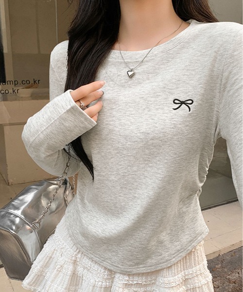 kirakiraShop(キラキラショップ)の「リボン 刺繍 ラウンドネック トップス(Tシャツ/カットソー・レディース・ホワイト/杢グレー/イエロー系/ブラック・FREE)」の13枚目の写真