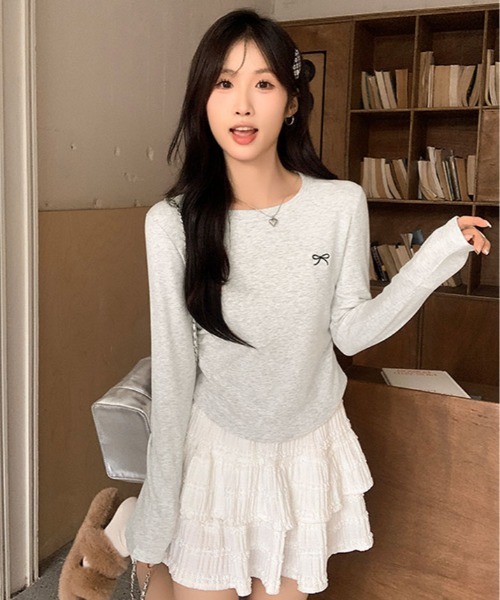 kirakiraShop(キラキラショップ)の「リボン 刺繍 ラウンドネック トップス(Tシャツ/カットソー・レディース・ホワイト/杢グレー/イエロー系/ブラック・FREE)」の19枚目の写真