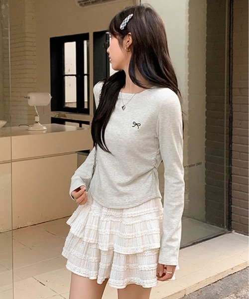kirakiraShop(キラキラショップ)の「リボン 刺繍 ラウンドネック トップス(Tシャツ/カットソー・レディース・ホワイト/杢グレー/イエロー系/ブラック・FREE)」の20枚目の写真