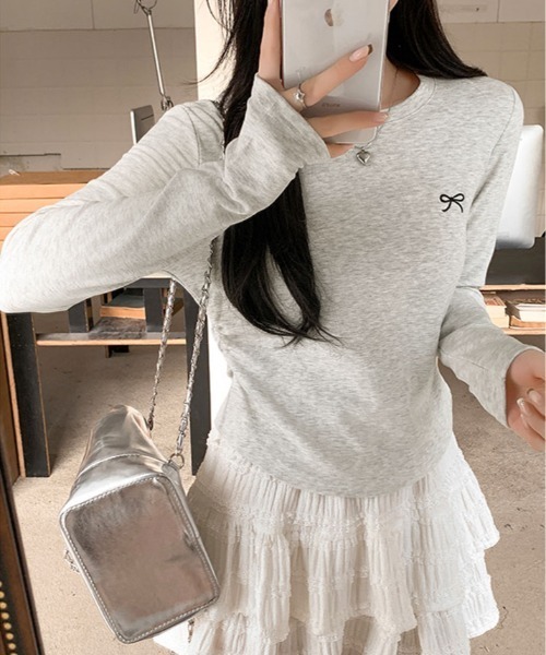 kirakiraShop(キラキラショップ)の「リボン 刺繍 ラウンドネック トップス(Tシャツ/カットソー・レディース・ホワイト/杢グレー/イエロー系/ブラック・FREE)」の15枚目の写真