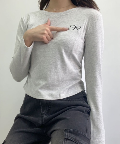 kirakiraShop(キラキラショップ)の「リボン 刺繍 ラウンドネック トップス(Tシャツ/カットソー・レディース・ホワイト/杢グレー/イエロー系/ブラック・FREE)」の22枚目の写真