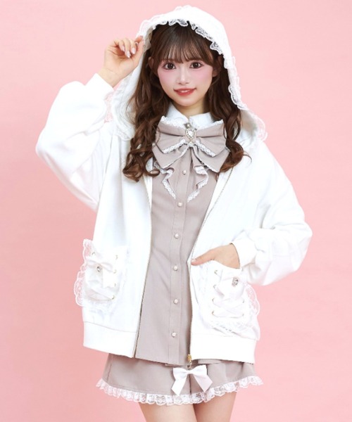 Secret Honey(シークレットハニー)の「レースアップポケットバックプリントパーカー(パーカー・レディース・ブラック/オフホワイト/ホワイト系その他2/ブラック系その他・FREE)」の10枚目の写真