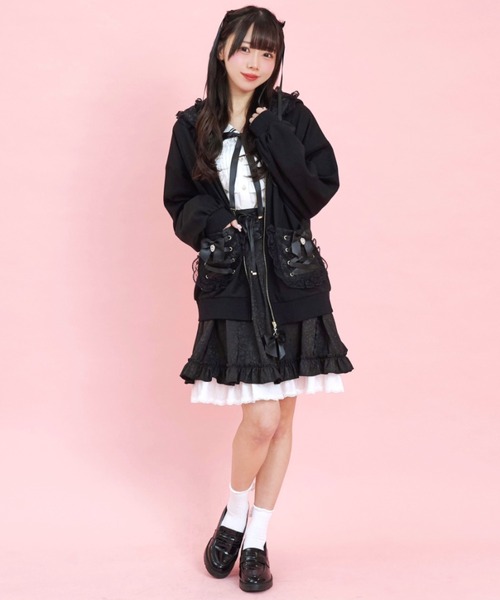 Secret Honey(シークレットハニー)の「レースアップポケットバックプリントパーカー(パーカー・レディース・ブラック/オフホワイト/ホワイト系その他2/ブラック系その他・FREE)」の14枚目の写真