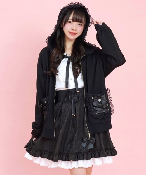 Secret Honey(シークレットハニー)の「レースアップポケットバックプリントパーカー(パーカー・レディース・ブラック/オフホワイト/ホワイト系その他2/ブラック系その他・FREE)」の15枚目の写真