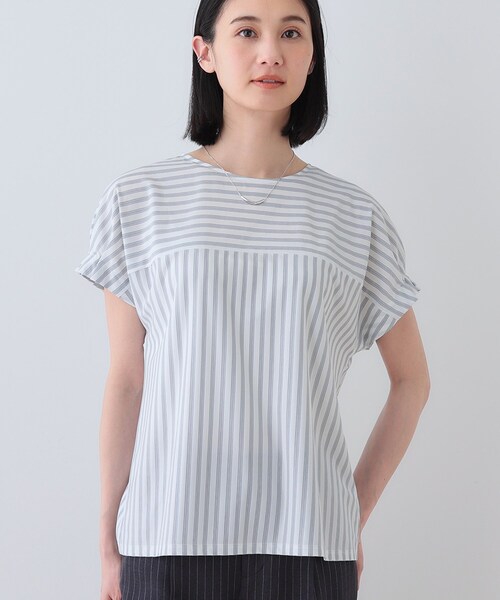 INDIVI 長袖トップス ストライプ 黒/白 サイズ34 セール】春SALE！【洗える／ストライプ柄】袖タックブラウス