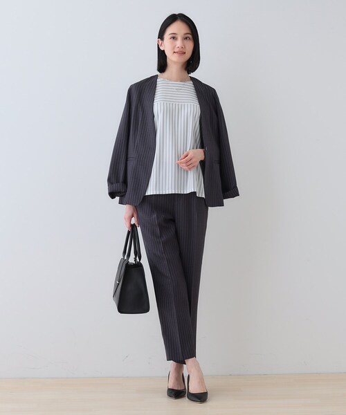 ブラウス シャツ 春SALE！「洗える／ストライプ柄」袖タックブラウス レディース INDIVI｜春SALE!【洗える/ストライプ柄】袖タックブラウス