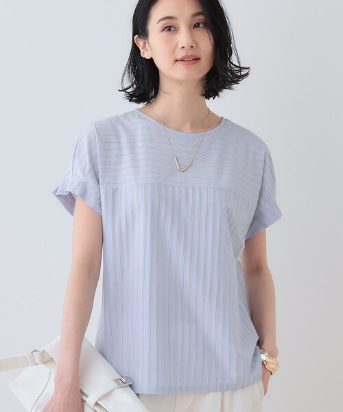 極美品　INDIVI ストライプ　タックブラウス サイズ44 セール】春SALE！【洗える／ストライプ柄】袖タックブラウス
