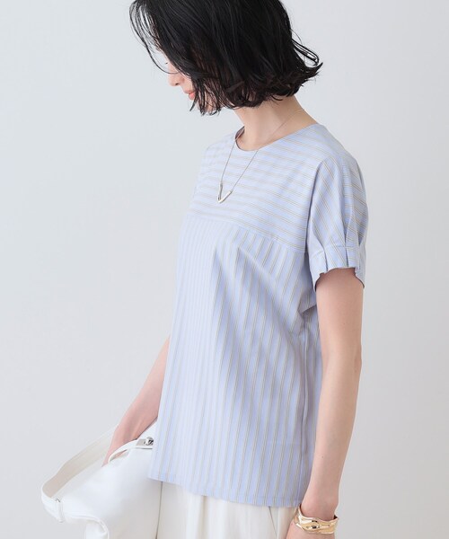 「INDIVI」 半袖ブラウス 38 ブルー レディース INDIVI ブラウス シャツ 「洗える」胸元タックフリルブラウス