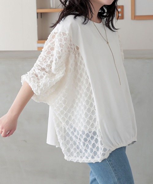 n'OrLABEL(ノアールレーベル)の「『シアー切替シャーリングドルマンカットソー』(Tシャツ/カットソー・レディース・ホワイト/ブラック/コーラル・FREE)」の6枚目の写真