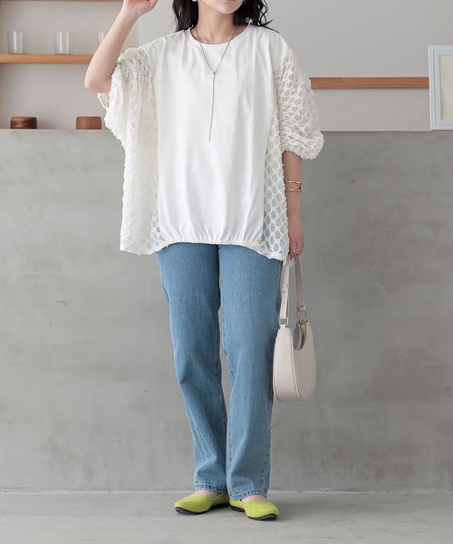 n'OrLABEL(ノアールレーベル)の「『シアー切替シャーリングドルマンカットソー』(Tシャツ/カットソー・レディース・ホワイト/ブラック/コーラル・FREE)」の4枚目の写真