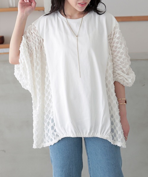 n'OrLABEL(ノアールレーベル)の「『シアー切替シャーリングドルマンカットソー』(Tシャツ/カットソー・レディース・ホワイト/ブラック/コーラル・FREE)」の7枚目の写真