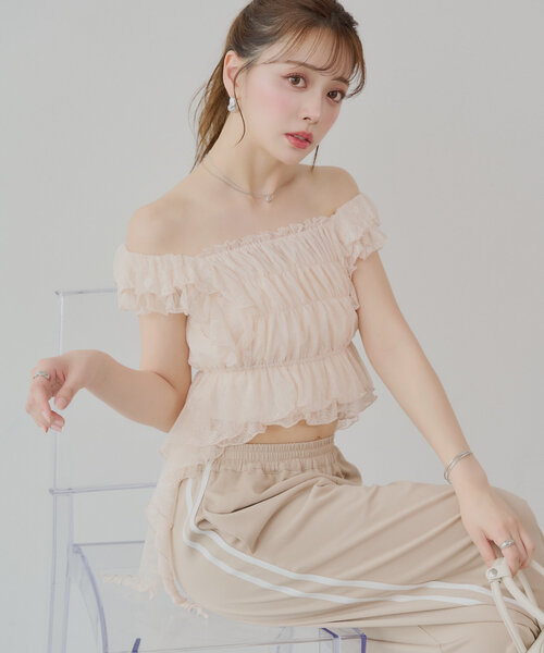 セール】【7色展開】レースドロップフリルシャーリングブラウス