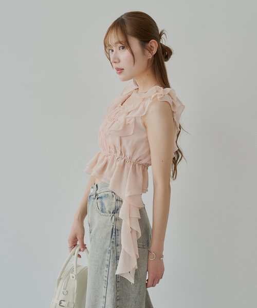 chico レースドロップフリルシャーリングブラウス セール】【7色展開】レースドロップフリルシャーリングブラウス