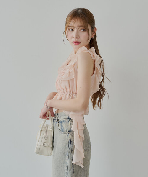 セール】【7色展開】レースドロップフリルシャーリングブラウス