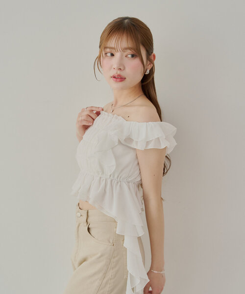 7色展開】レースドロップフリルシャーリングブラウス（シャツ