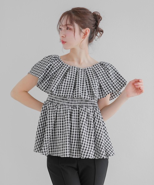 Fit more(フィットモア)の「2WAYオフショルダー ギンガムペプラムトップス(その他トップス・レディース・ピンク/ブラック/グリーン・FREE)」の4枚目の写真