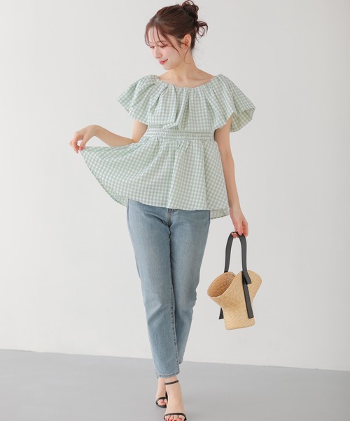 sheller ショルダーリボンペプラムトップス sheller ショルダーリボンペプラムトップス