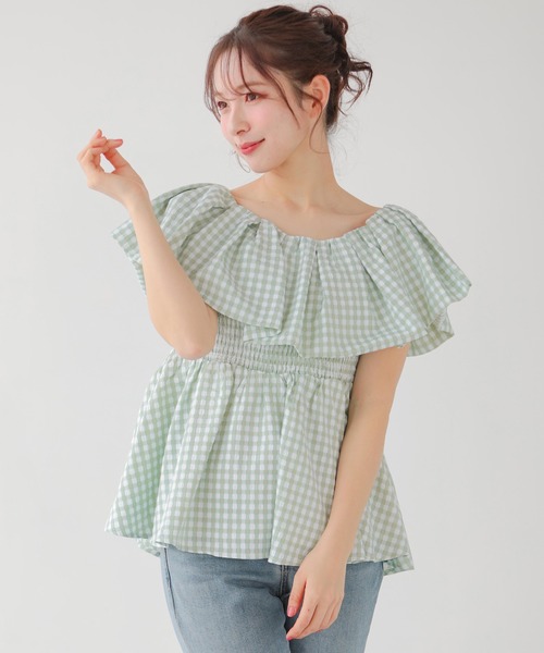 Fit more(フィットモア)の「2WAYオフショルダー ギンガムペプラムトップス(その他トップス・レディース・ピンク/ブラック/グリーン・FREE)」の12枚目の写真