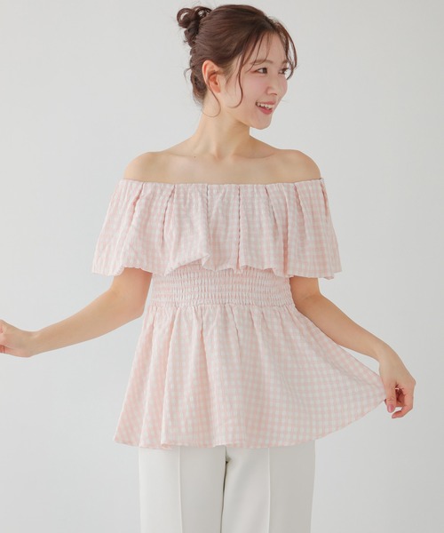 Fit more(フィットモア)の「2WAYオフショルダー ギンガムペプラムトップス(その他トップス・レディース・ピンク/ブラック/グリーン・FREE)」の15枚目の写真