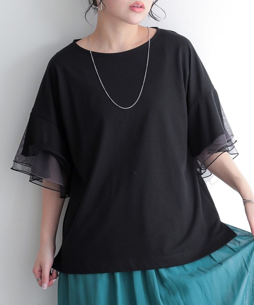 n'OrLABEL（ノアールレーベル）の「チュールレイヤードフレアスリーブカットソー（Tシャツ/カットソー・レディース・グレイッシュベージュ/ブラック/ライトブルー・2/1）」の2枚目の写真