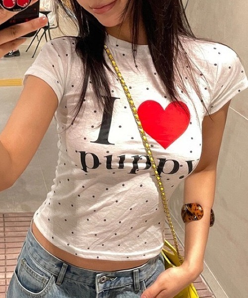 セール】I love puppyロゴドットプリントTシャツ（Tシャツ/カットソー