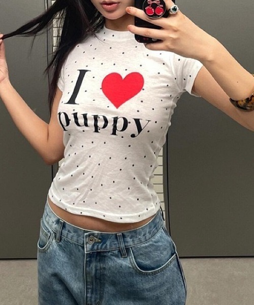 SHEENA（シーナ）の「I love puppyロゴドットプリントTシャツ（Tシャツ/カットソー・レディース・ホワイト・M）」の14枚目の写真