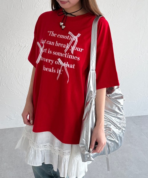 kutir（クティール）の「アソートリボンロゴTシャツ（Tシャツ/カットソー・レディース・レッド/レッド系その他/サックスブルー系/ブラック系その他/ネイビー系・FREE）」の4枚目の写真