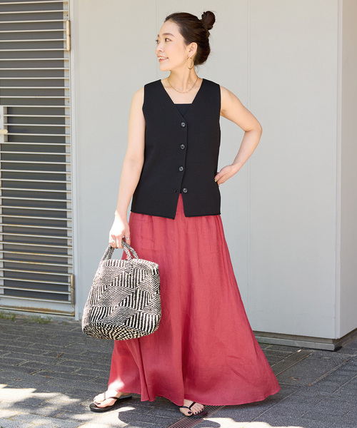 KAREN MILLEN ビスコース タイネック テーラード ブレザー 無地 追加5》手洗い可 / フレンチリネンギャザースカート（スカート