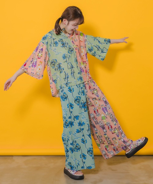 scolar スカラー 花xおしゃれネコバイカラー切替パンツ スカラー ScoLar 花×おしゃれネコ バイカラー切替パンツ