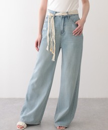 ハイウエスト クラッシュ ベルト付き ストレート デニムパンツ