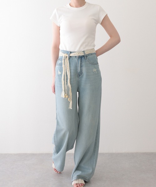 Lace Ladies(レースレディース)の「ハイウエスト クラッシュ ベルト付き ストレート デニムパンツ(デニムパンツ・レディース・ブルー/アイボリー・S/M/L/XL)」の4枚目の写真
